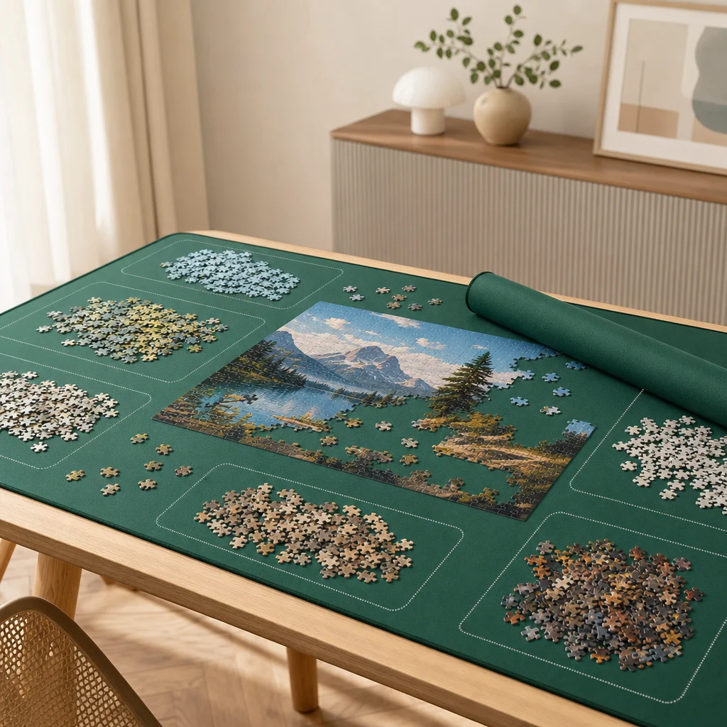 Puzzlematte mit geordneten Puzzleteilen und einem Puzzle im Aufbau – puzzle matte