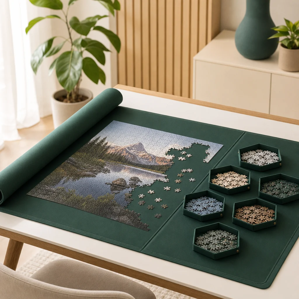 Puzzlematte auf einem aufgeräumten Tisch mit sortierten Puzzleteilen und angefangenen Motiv – puzzle matte